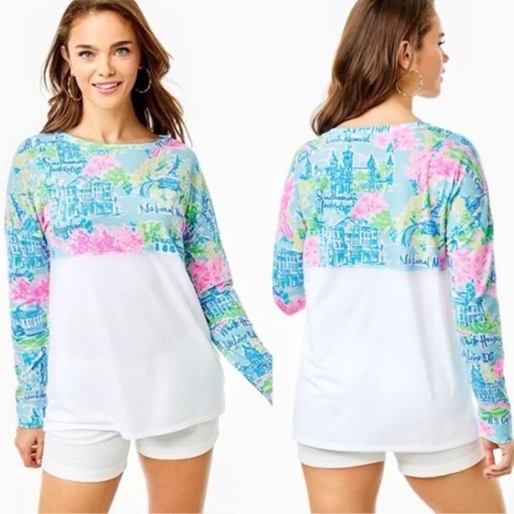 Lilly Pulitzer Finn Top Washington DC Destination Print Long Sleeve White Blue M